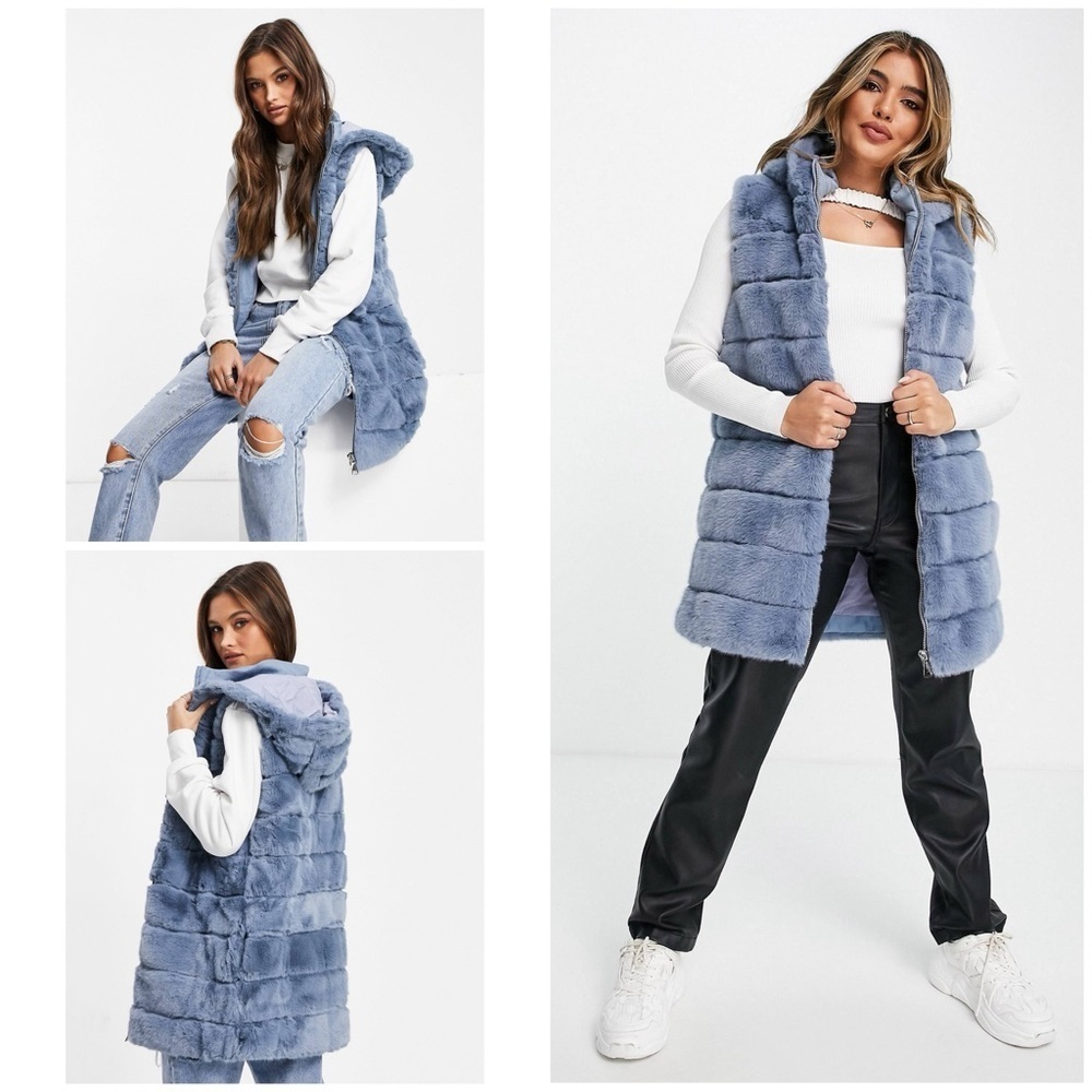 EUC Jayley Blue Faux Fur Hooded Full Longline Zip Up Vest Jacket M / L​​​​